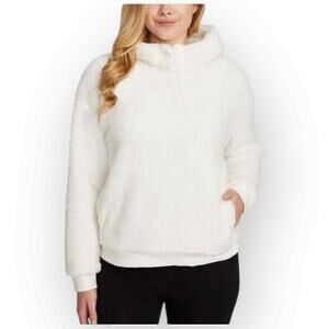 Lukka Lux Faux Fur Fleece Funnel Neck Hoodie Pullover, White, Size Medium - W91M